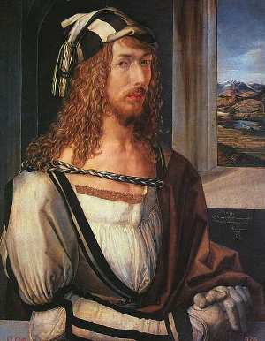 Albrecht Dürer - zelfportret. Let ook op het uitzicht door het raam: het landschap is in perspectief geschilderd.
