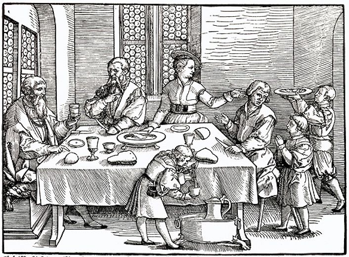 Houtsnede van Georg Penz: een scene aan tafel. (ca. 1540) © Bildarchiv Preußischer Kulturbesitz