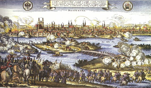 De inname van Magdeburg door de keizerlijke troepen in 1631 werd een belangrijk symbool voor de verschrikkingen van de oorlog. De stad werd in brand gestoken en de bevolking grotendeels uitgemoord. Gravure van Johann Philipp Abelin, uit 1659.